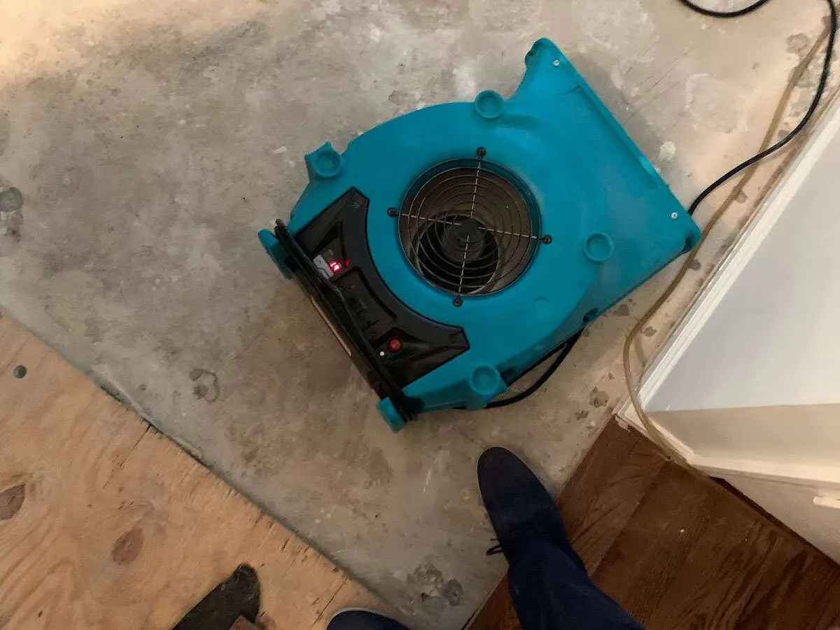 Air mover drying subfloor during Commercial Water Damage Restoration in Elizabethtown